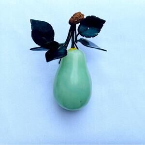 Vintage Carved Nephrite Jade PEAR & Leaves Fruit Sculpture Kitchen Decor